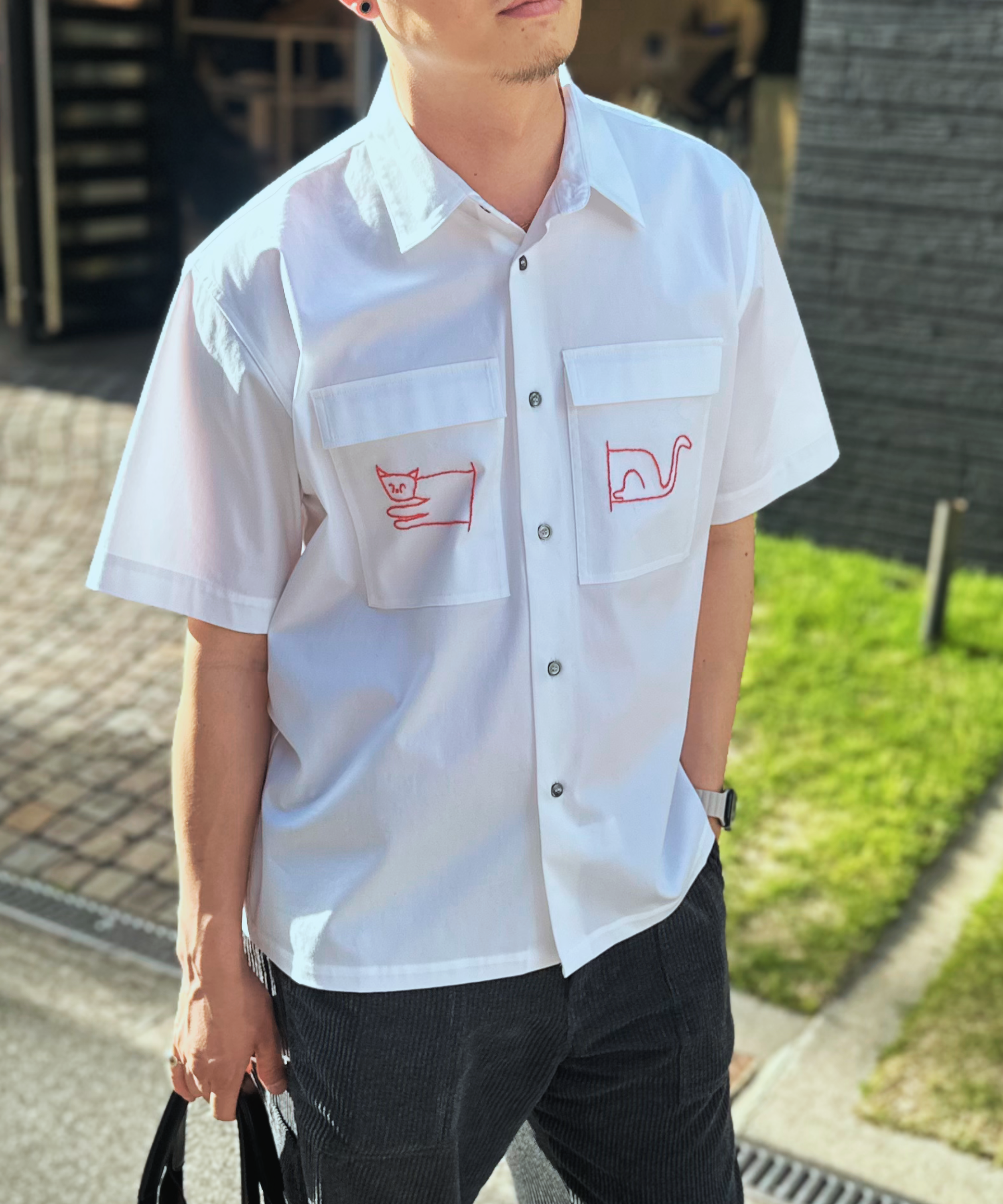 【LONGO】Man's Jacquard C-neck Hoodie Man's Short Sleev ed Shirt w/ buttons