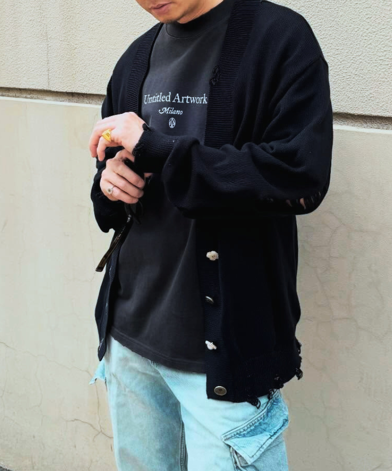 【Untitled Artworks】Cardigan Distressed Black
