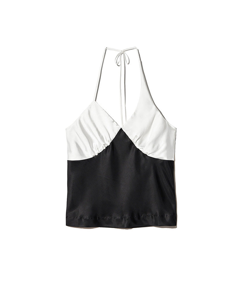 【KIJUN】Black and off-white shirred halter top / Black×Ivory