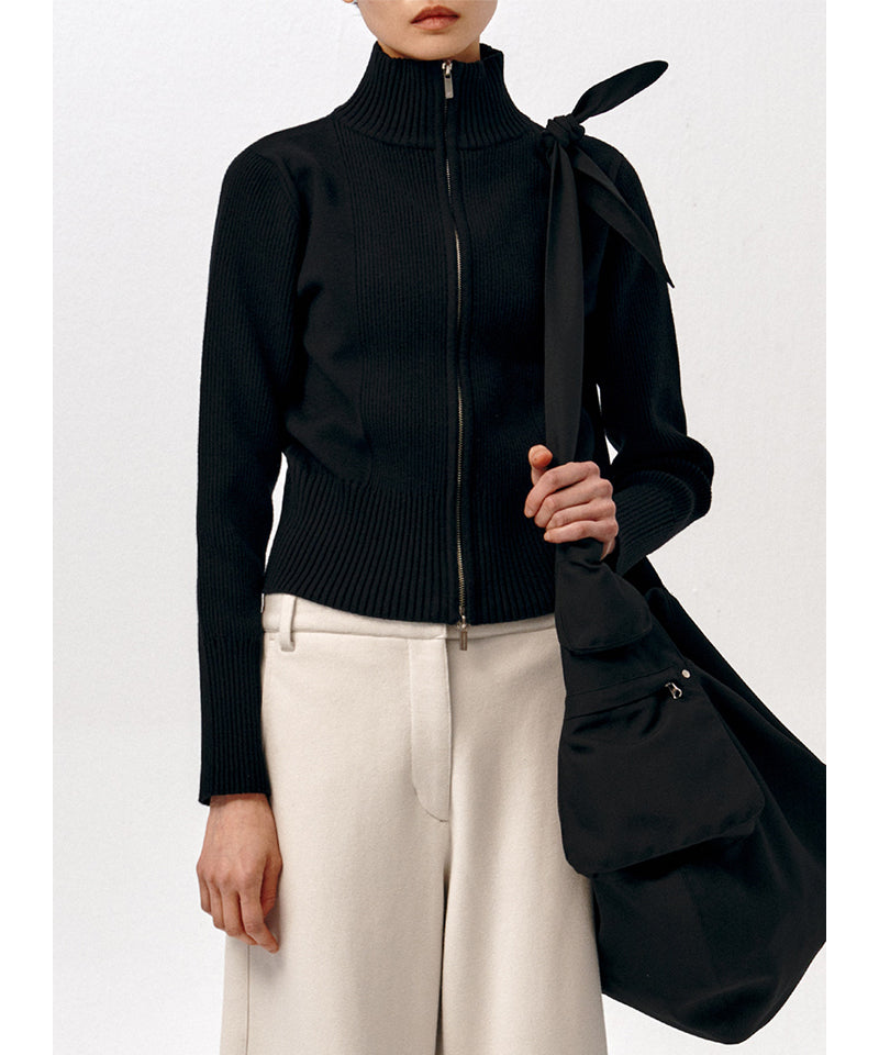 【LOW CLASSIC】HIGH NECK ZIP-UP KNIT TOP / Black