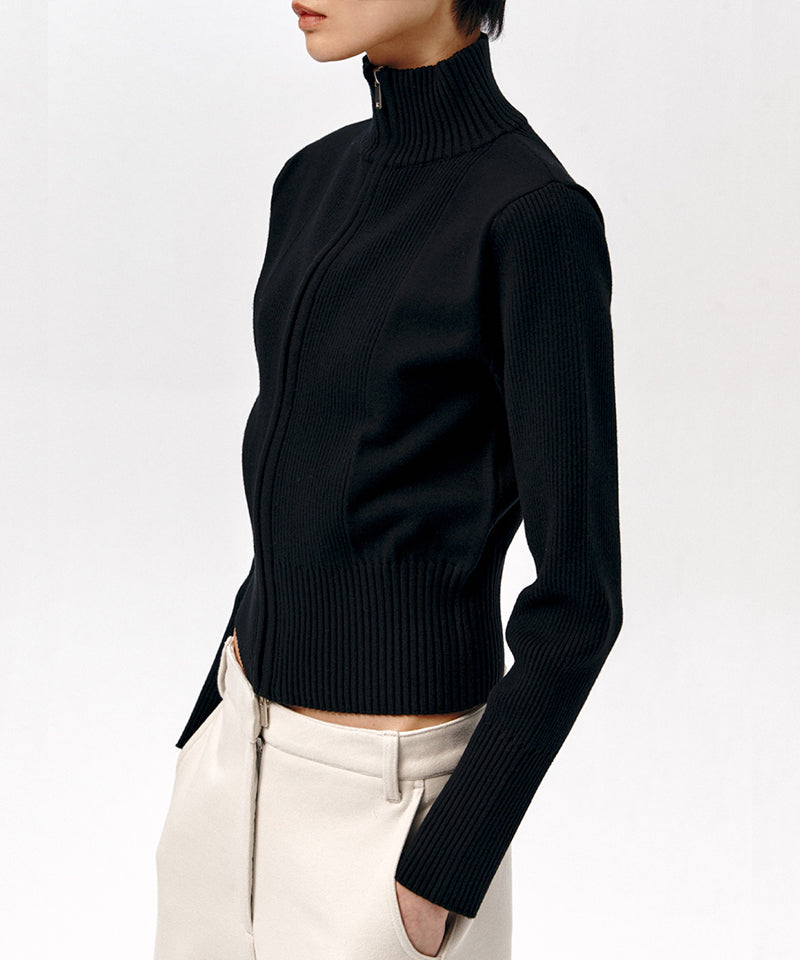 【LOW CLASSIC】HIGH NECK ZIP-UP KNIT TOP / Black