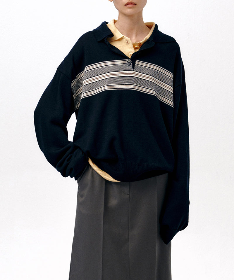 【LOW CLASSIC】MULTI STRIPE PIQUE KNIT TOP / Navy