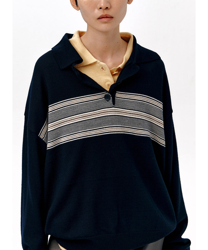【LOW CLASSIC】MULTI STRIPE PIQUE KNIT TOP / Navy