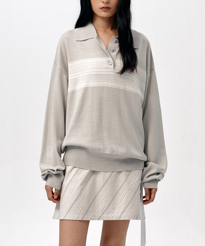 【LOW CLASSIC】MULTI STRIPE PIQUE KNIT TOP / Light Grey