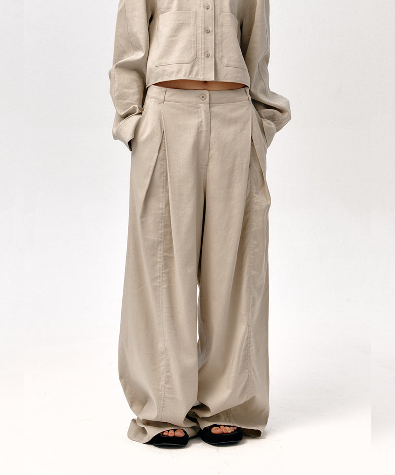 【LOW CLASSIC】LINEN TUCK WIDE PANTS / Light Khaki