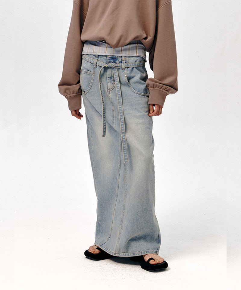 【LOW CLASSIC】BELTED HIGH WAIST DENIM SKIRT / Blue