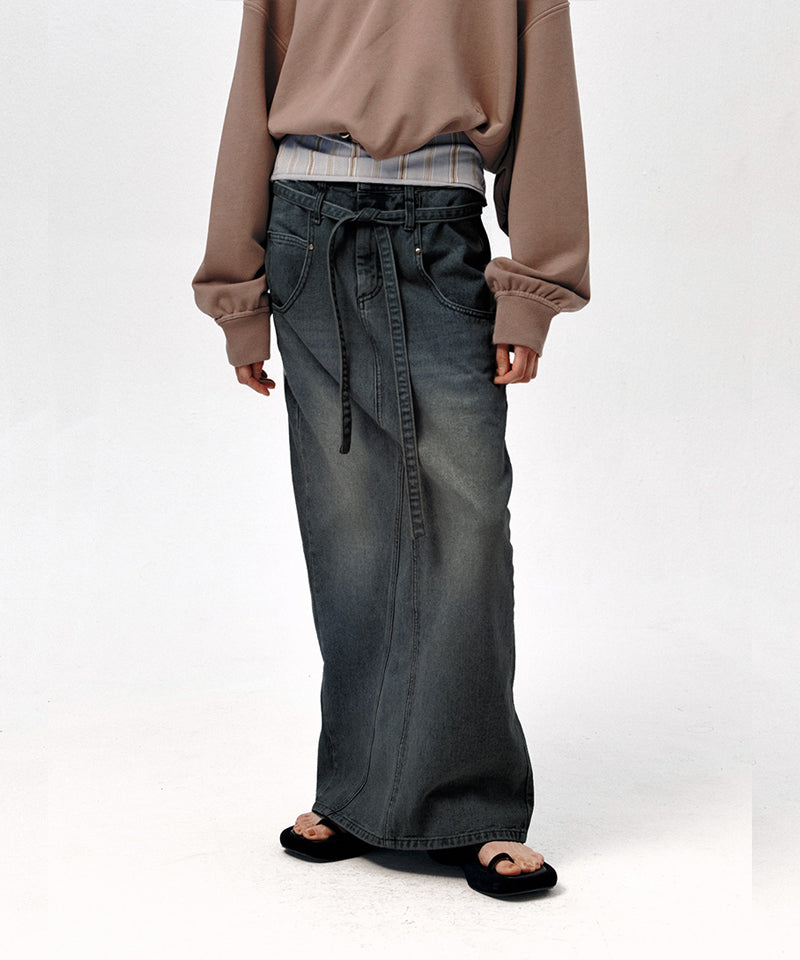 【LOW CLASSIC】BELTED HIGH WAIST DENIM SKIRT / Grey