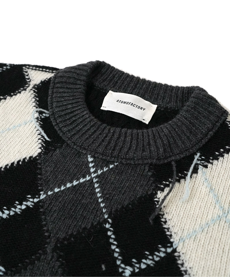 【ATOMOFACTORY】Argyle Crew neck Knit / Black