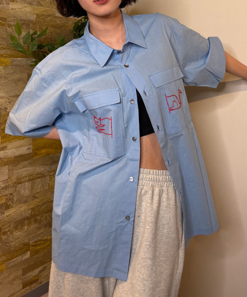 【LONGO】Man's Jacquard C-neck Hoodie Man's Short Sleev ed Shirt w/ buttons