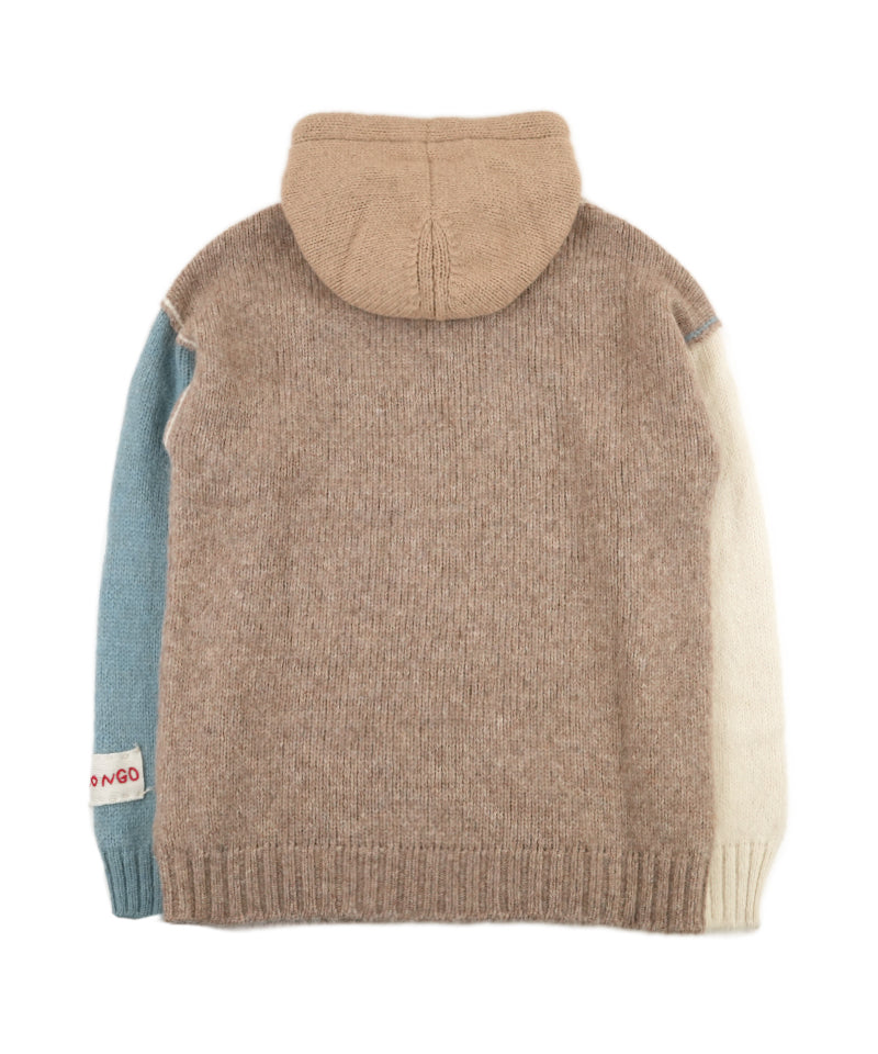 【LONGO】Mixed Color Knit Hoodie / Brown×Blue