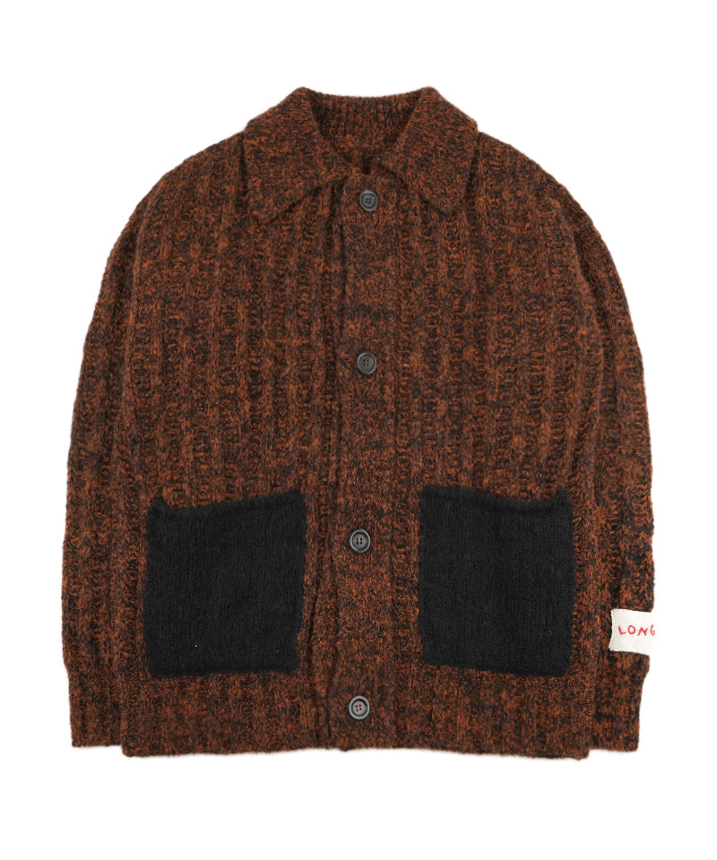 【LONGO】Button-Up Knit Collared Cardigan / Black×Rust