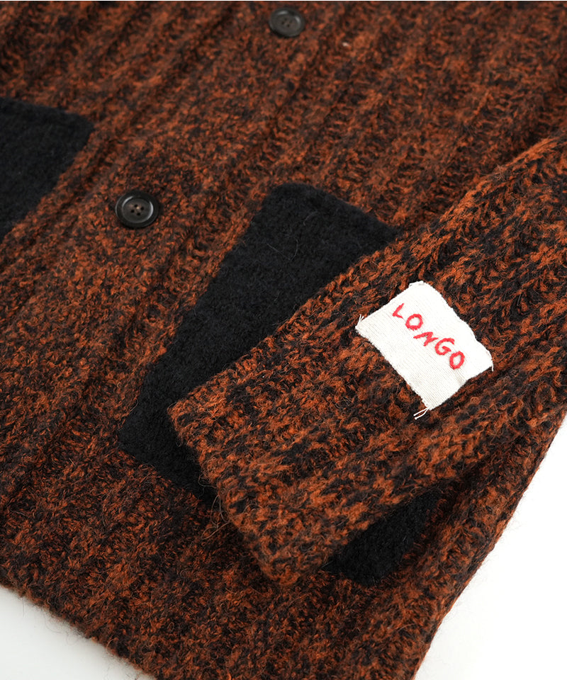 【LONGO】Button-Up Knit Collared Cardigan / Black×Rust